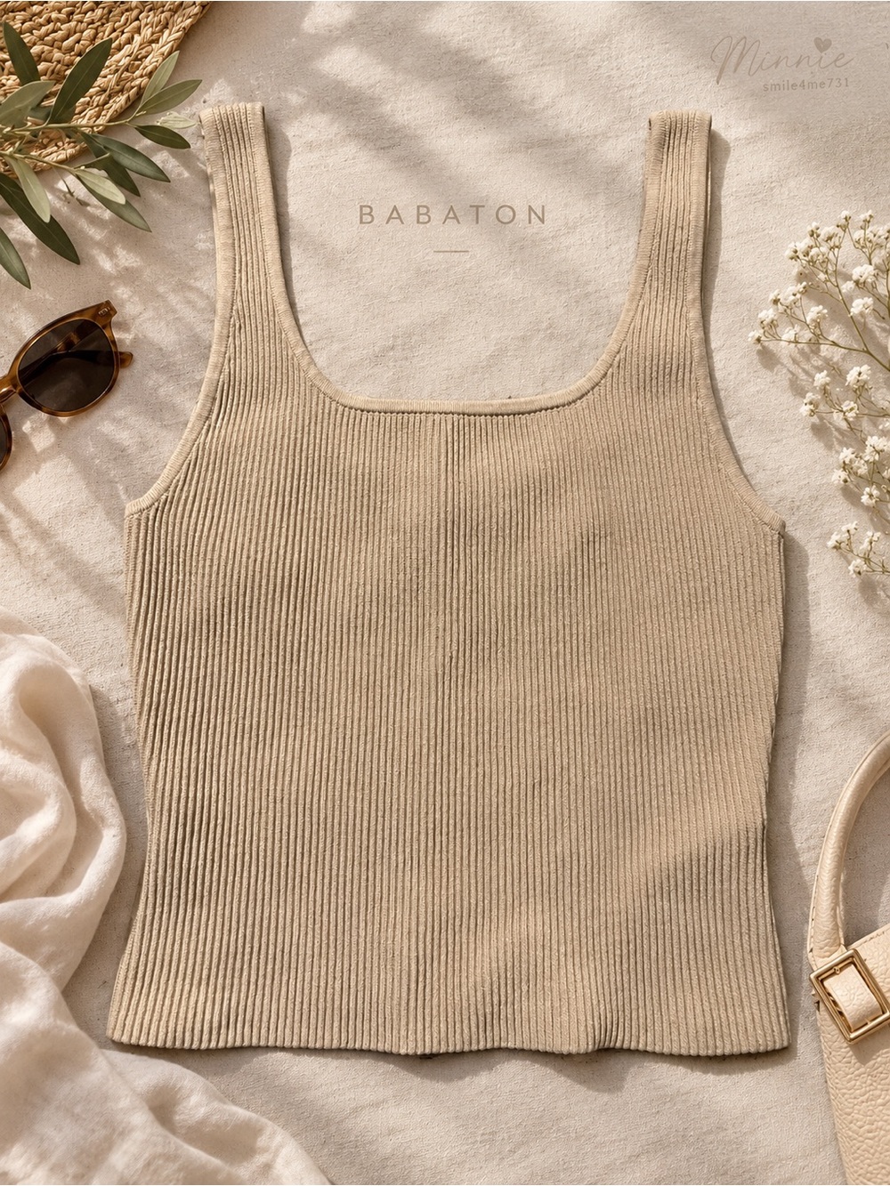 Babaton Aritzia Sculpt Knit Squareneck Tank Top M Neutral Ribbed